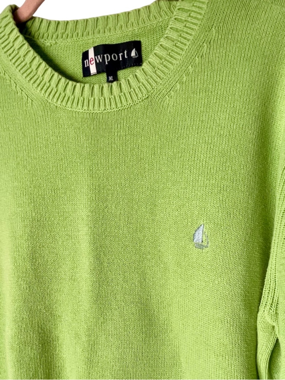 Newport Mens Crewneck Nautical Preppy Sweater Lime Green Embroidered Sailboat XL